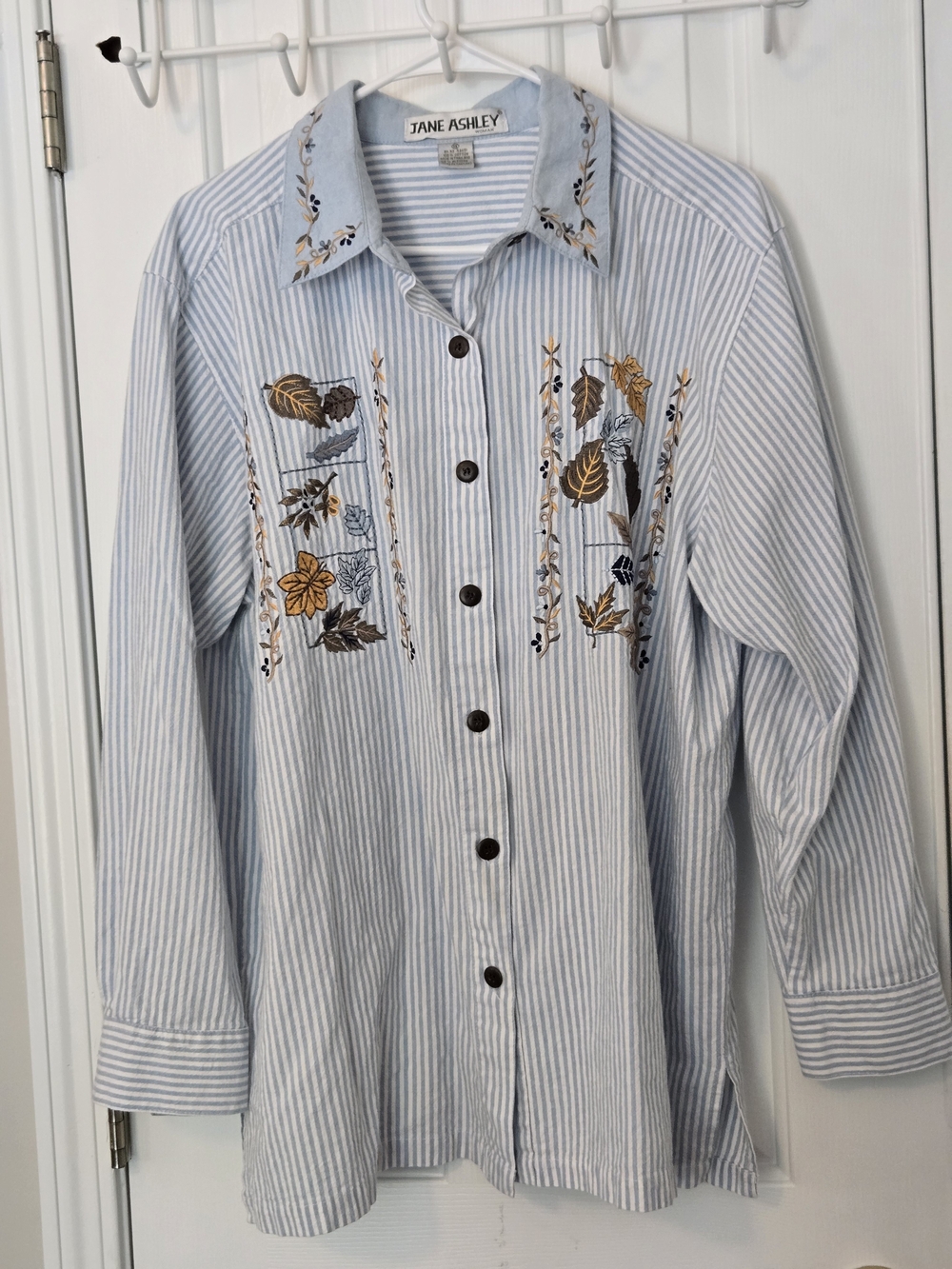 Jane Ashley Blue White Striped Embroidered Leaf Button Up Shirt Size 1X